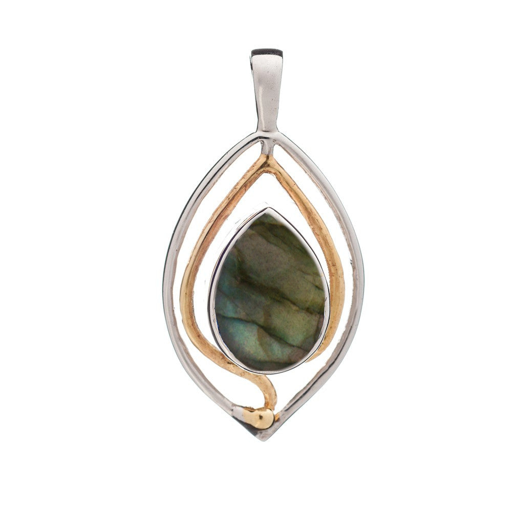 The Tulip Pendant by Gallardo & Blaine Designs features a teardrop-shaped gemstone set in an open teardrop frame with silver and gold-tone accents for an elegant, modern look.