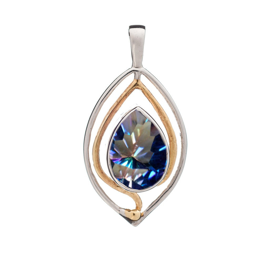 The Tulip Pendant by Gallardo & Blaine Designs features a teardrop-shaped faceted gemstone in a silver and gold abstract open frame, inspired by Art Nouveau style. Available in various gemstones.