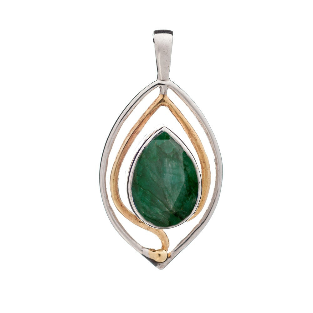 The Tulip Pendant by Gallardo & Blaine Designs features a teardrop green gemstone set in a modern silver and gold frame with open curves, highlighting Art Nouveau style. Available in various gemstones.