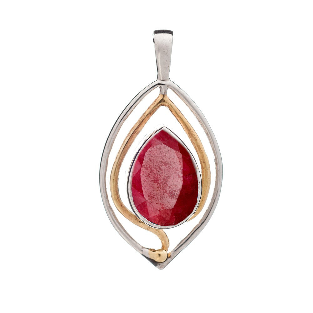 The Tulip Pendant by Gallardo & Blaine Designs features an elegant Art Nouveau swirl design in silver and gold, showcasing a large, red teardrop-shaped gemstone.