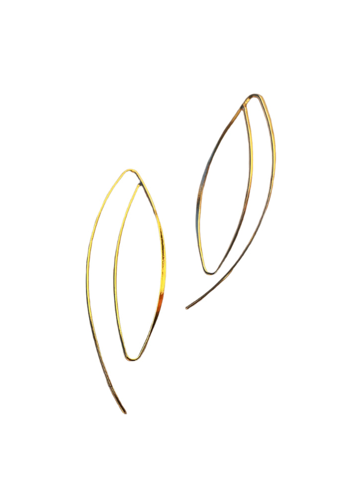 The JoJo Earrings by Kybalion Jewellery are gold-plated, abstract leaf-shaped earrings with a minimalist design. Featuring smooth, curved lines and an open structure, these handmade pieces elegantly thread through the ears against a plain white background.