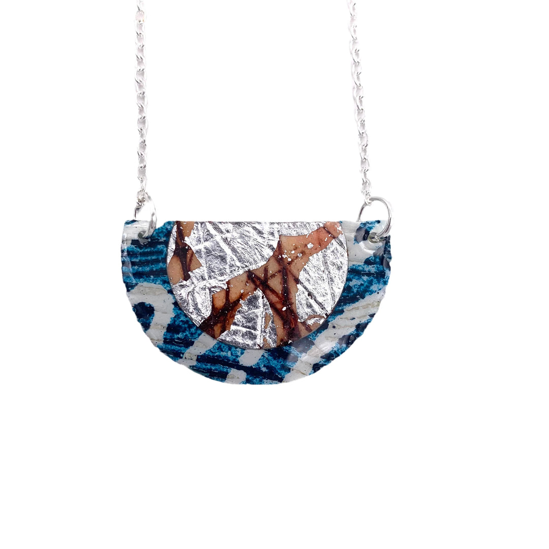Ovette Batik Textile Necklace in Teal/Silver/Umber