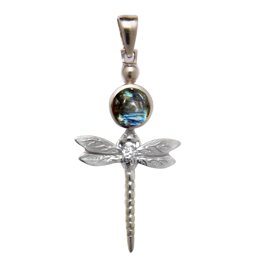The Damsel Pendant by Gallardo & Blaine Designs features a sterling silver dragonfly with detailed wings and tail, topped with a round iridescent gemstone above the wings and finished with a simple bail for a necklace.