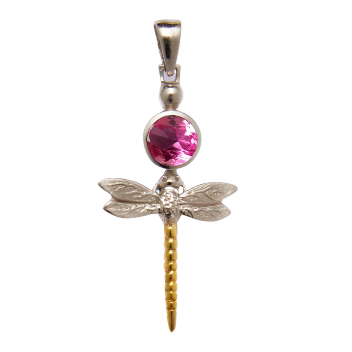 The Damsel Pendant by Gallardo & Blaine Designs features a dragonfly shape in sterling silver with silver wings, a gold vermeil tail, and a round pink gemstone body, finished with a silver bail for your necklace.