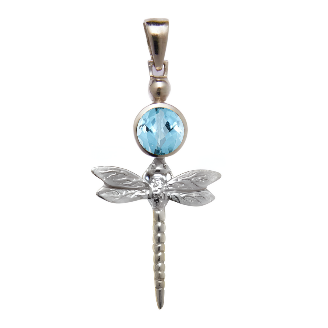 The Damsel Pendant by Gallardo & Blaine Designs features a sterling silver dragonfly with detailed wings, a textured tail, and a round blue gemstone, creating nature-inspired elegance in a stunning necklace accent.