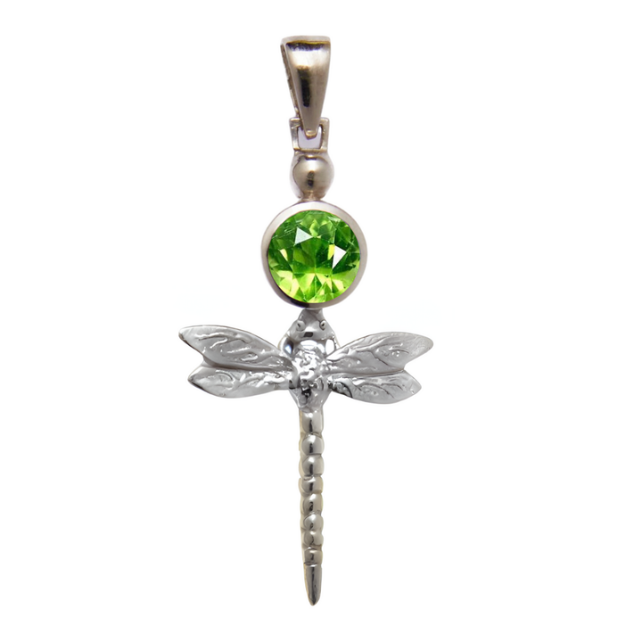 The Damsel Pendant by Gallardo & Blaine Designs features a sterling silver dragonfly with detailed wings and a round green gemstone—an elegant addition to any collection.