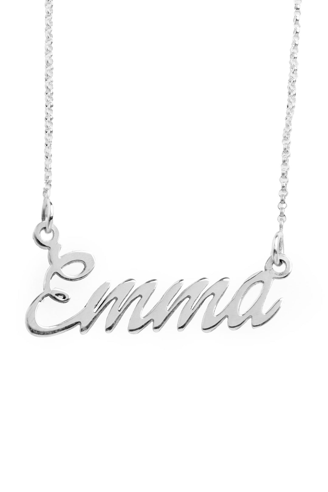 The Personalised Charms Name Necklace features "Emma" in cursive sterling silver, attached to a delicate chain on both sides, displayed against a white background.