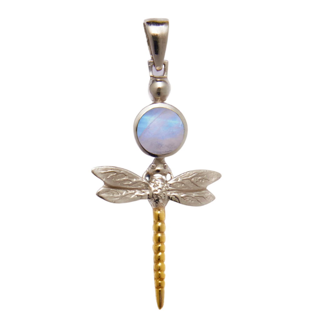 The Damsel Pendant by Gallardo & Blaine Designs features a dragonfly form in sterling silver with silver wings, a round iridescent blue gemstone body, and a gold-toned segmented tail, shown on a white background.