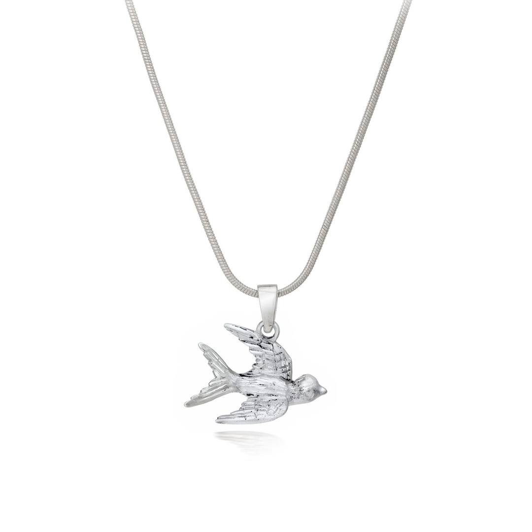 The Wildlife Pendant - Swallow With Chain by Gallardo & Blaine Designs is a sterling silver necklace featuring a swallow-shaped pendant, shown on a plain white background.
