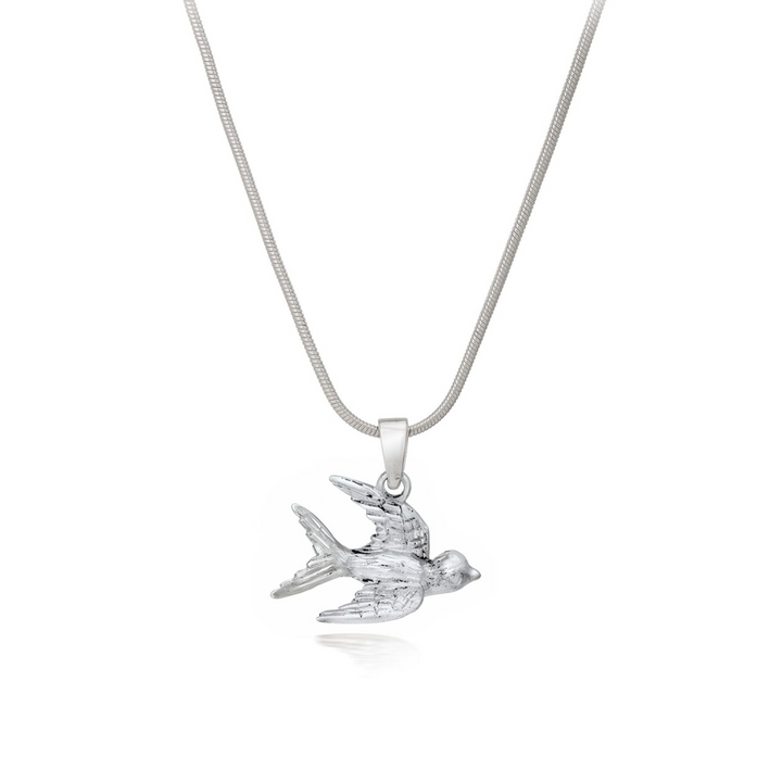 The Wildlife Pendant - Swallow With Chain by Gallardo & Blaine Designs is a sterling silver necklace featuring a swallow-shaped pendant, shown on a plain white background.