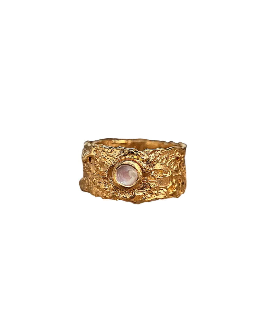 Caroline Stokesberry-Lee's 'That Place Beyond' Wide Ring features a round, translucent gemstone set in the center, crafted with an organic texture in 18ct gold plate.