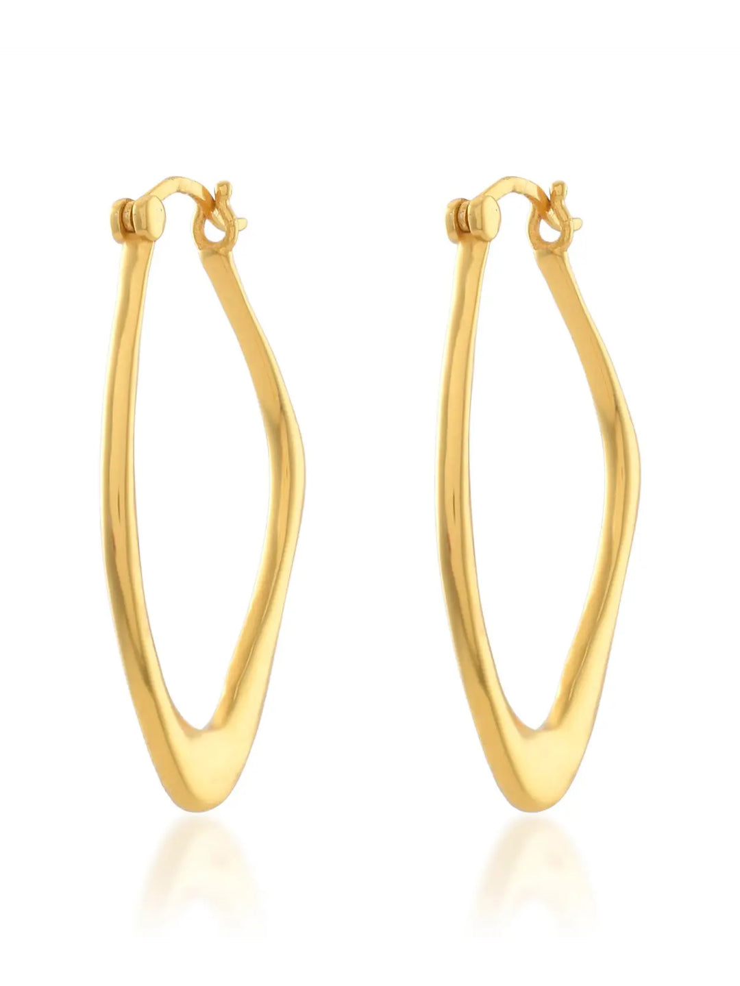 The Valentina Hoops by Shyla are gold elongated oval earrings with a slightly twisted, asymmetrical design and hinged clasps—perfect for everyday wear. Shown on a white background.