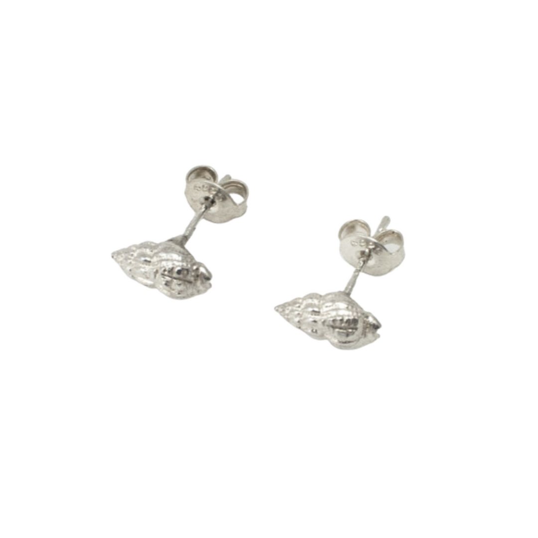 Silver stud earrings featuring intricate whelk shell designs, each with butterfly backings. These tiny earrings have a reflective, polished finish, enhancing their detailed, textured appearance. The Whelk Shell Stud Earrings by Jennifer Kinnear are a perfect addition to any shell collection.