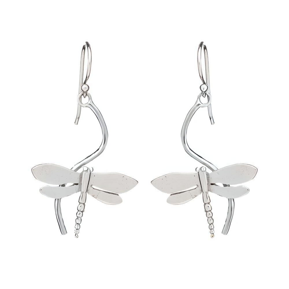 The Wildlife Juniper Earrings by Gallardo & Blaine Designs are dragonfly-shaped earrings available in silver or gold, each with detailed wings and long curved hooks—a striking piece of nature-inspired jewelry.