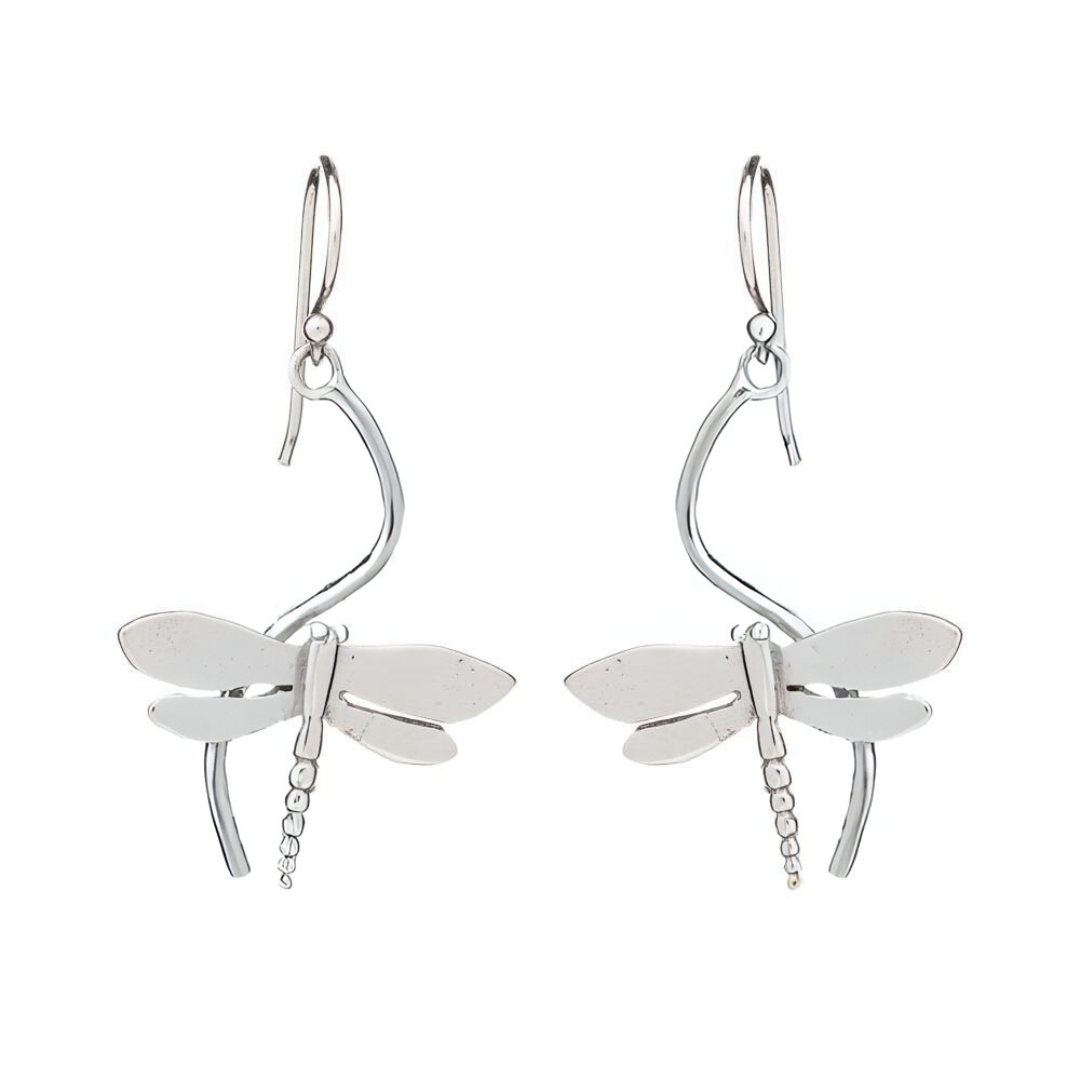 The Wildlife Juniper Earrings by Gallardo & Blaine Designs are dragonfly-shaped earrings available in silver or gold, each with detailed wings and long curved hooks—a striking piece of nature-inspired jewelry.