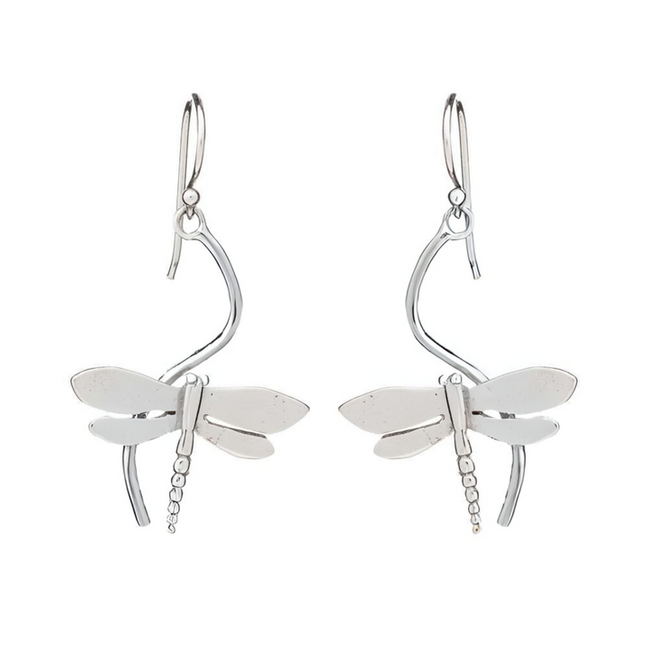 The Wildlife Juniper Earrings by Gallardo & Blaine Designs are dragonfly-shaped earrings available in silver or gold, each with detailed wings and long curved hooks—a striking piece of nature-inspired jewelry.