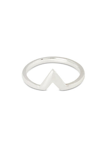 A sterling silver ring with a minimalist design, featuring a small, upward-pointing triangular peak in the center. The ring is smooth and polished, highlighting its sleek and modern aesthetic, perfect for those who appreciate the Illuminati Stacking Ring Sterling Silver by Cosmic Boulevard.