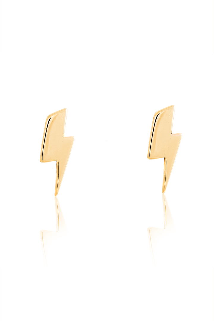 A pair of Cosmic Boulevard Medium Bowie Bolt Earrings 9ct Gold, set against a pristine white background.