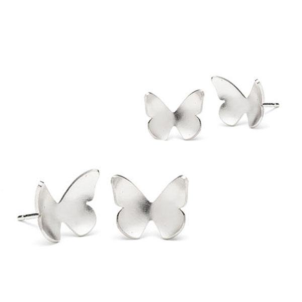A pair of Butterfly Stud Earrings by Leoma Drew. The earrings feature a simple, minimalist design with smooth surfaces and symmetrical wings. Handcrafted jewellery shown in the image, it features two pairs of earrings positioned side by side on a white background.