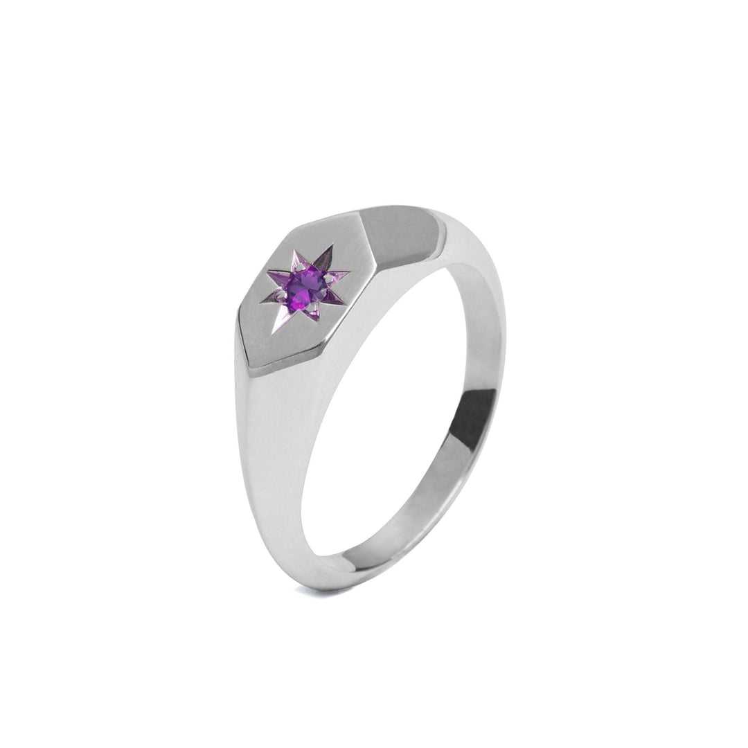 The Starlight Amethyst Birthstone Signet Ring by Cosmic Boulevard features a sleek hexagonal top, showcasing a small, purple amethyst birthstone set in the center. Handmade in Dublin, it boasts a modern and minimalist design perfect for any occasion.