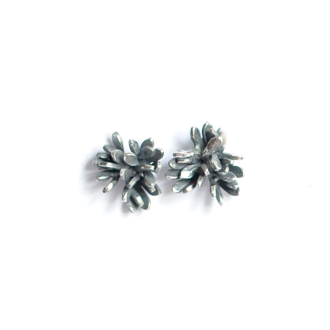 A pair of Folia Oxidised Silver Studs by Abbie Dixon designed to resemble small clusters of leaves or flowers, set against a plain white background. The intricate, sculptural form gives the earrings a delicate and unique appearance.