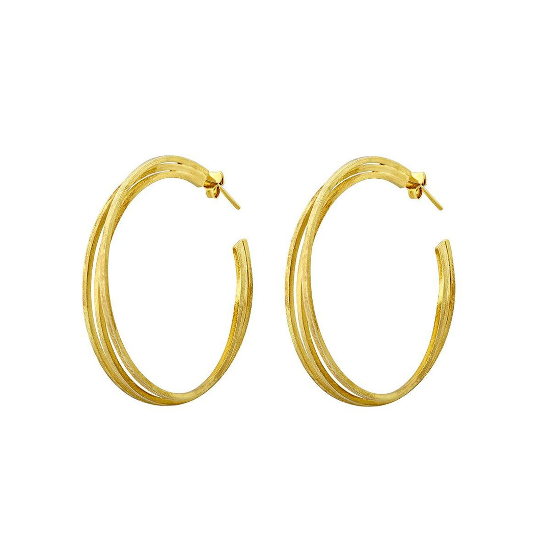 A pair of Triple Gold Hoops by Watermelon tropical with a smooth, reflective surface, designed in an open, oval shape. Each hoop has a post for the ear piercing to secure it. The hoops are slightly thick with a polished, shiny finish.