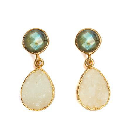 A pair of **Labradorite & White Druzy Earrings** by **Watermelon tropical** featuring a round, faceted greenish-blue labradorite gemstone at the top and a pear-shaped, textured white druzy gemstone at the bottom. Both gemstones are set in slim, gold vermeil frames.
