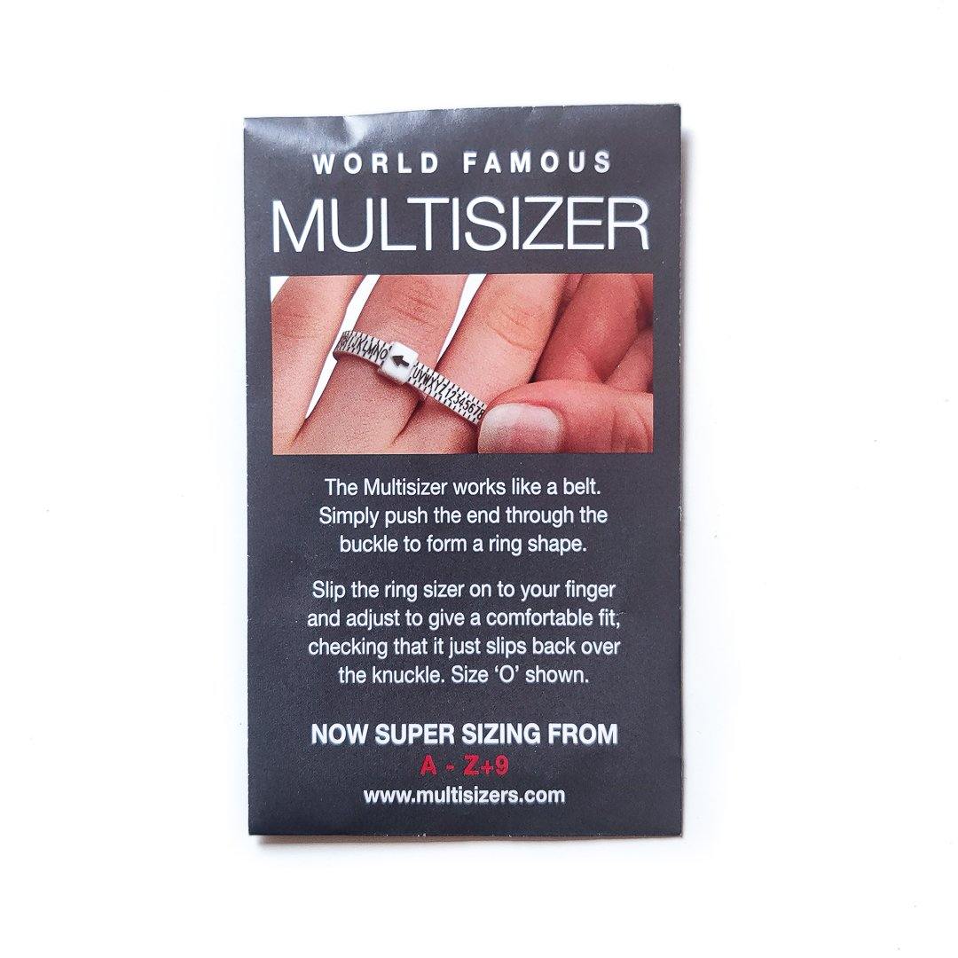 Image of a Ring Sizer package. The card reads "The Collective Dublin Ring Sizer." Below is an image of hands demonstrating how to use the ring sizer. Instructions and website details, including Ireland shipping options, are also provided, explaining how to measure your ring size and adjust the fit.