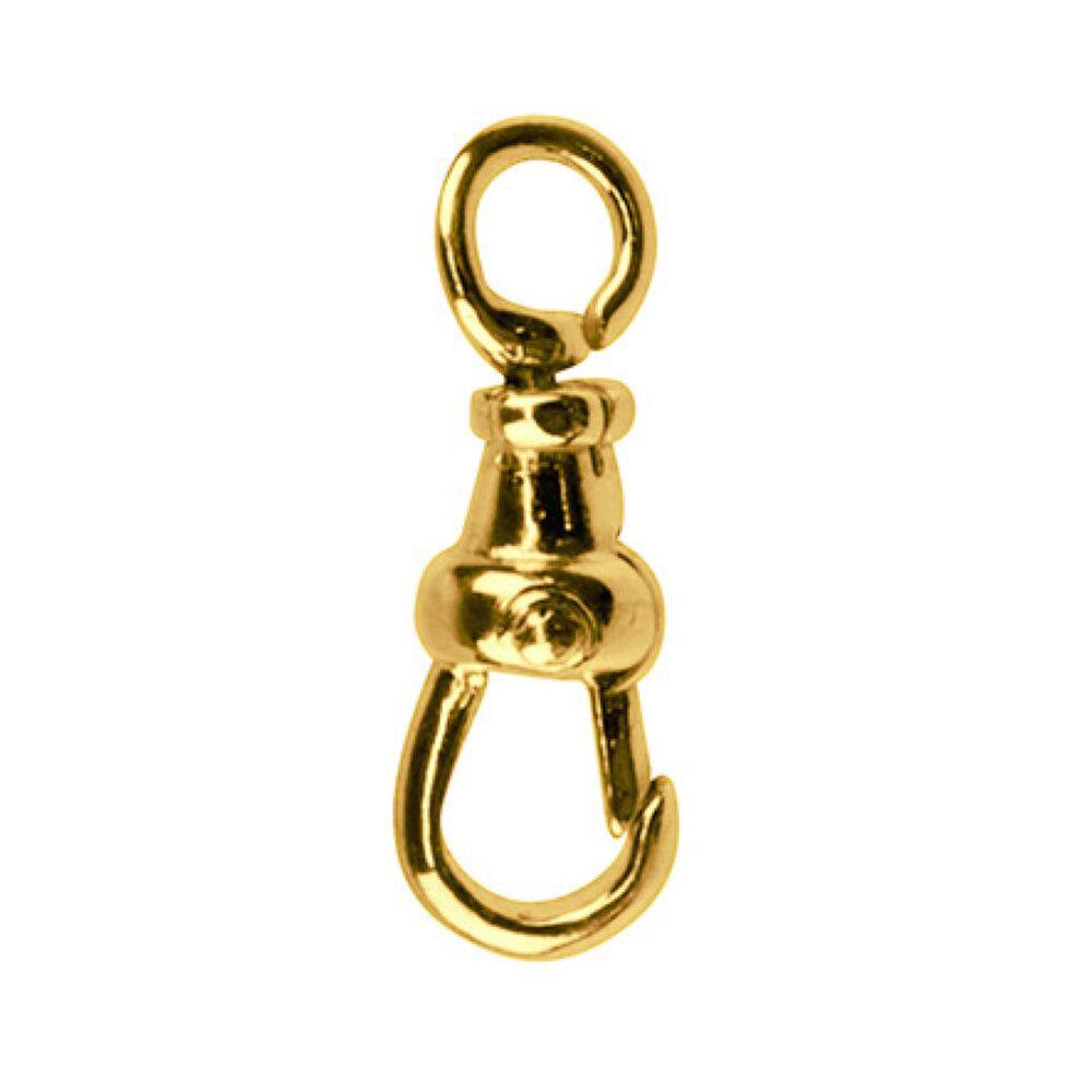 A 9ct Yellow Gold Albert Swivel 15mm by Cosmic Boulevard. This Albert Swivel hook features a rounded top loop, a rotating middle section for flexibility, and an open-ended bottom clasp for attaching to various items. The polished metal gleams with smooth precision.