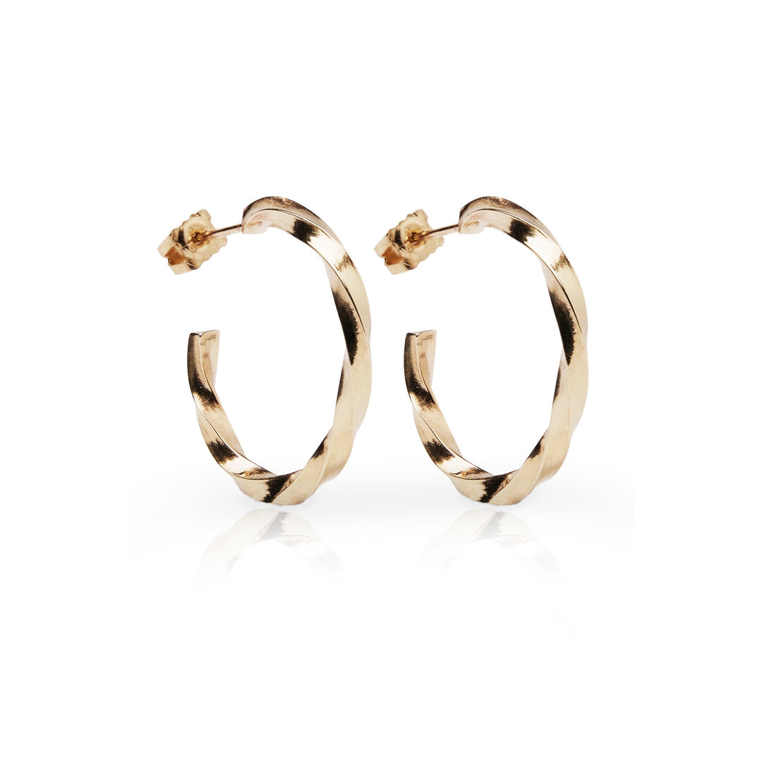 A pair of 9ct Yellow Gold Twisted Hoop Earrings from Cosmic Boulevard with a polished finish, displayed on a white background. The medium-sized hoops feature a subtle spiral design and secure with post back clasps. They reflect light, highlighting their elegant and stylish appearance, perfect for any jewellery collection.