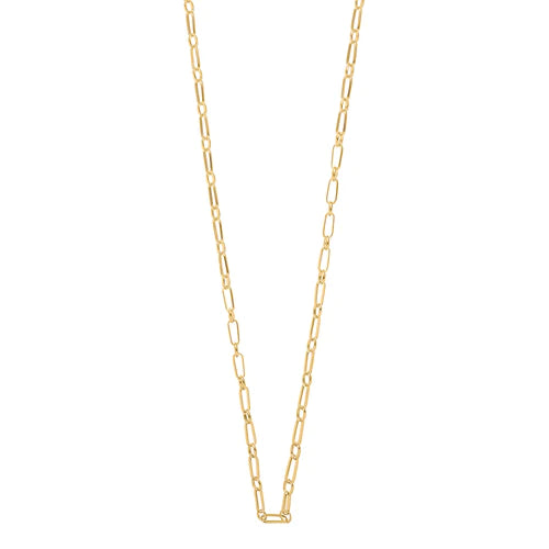 A stunning 18k gold plated, long link chain necklace with elongated, oval-shaped links evenly connected. Featuring an adjustable clasp, the Geo Rectangular Link Long Necklace With Clip Fastening - Gold by Orelia London is displayed against a plain white background, highlighting its simple and elegant design.