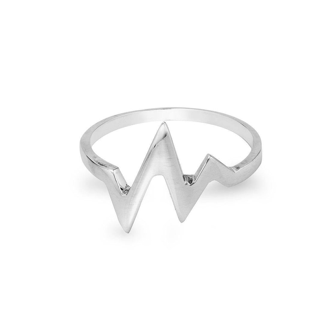 A sleek, sterling silver ring from a Dublin studio, featuring a minimalist design with a zigzag pattern resembling an electrocardiogram (heartbeat) line, set against a plain white background. This piece of handmade jewellery perfectly fuses elegance with modern simplicity. The Heartbeat Silver Ring by Cosmic Boulevard is the epitome of style and sophistication.