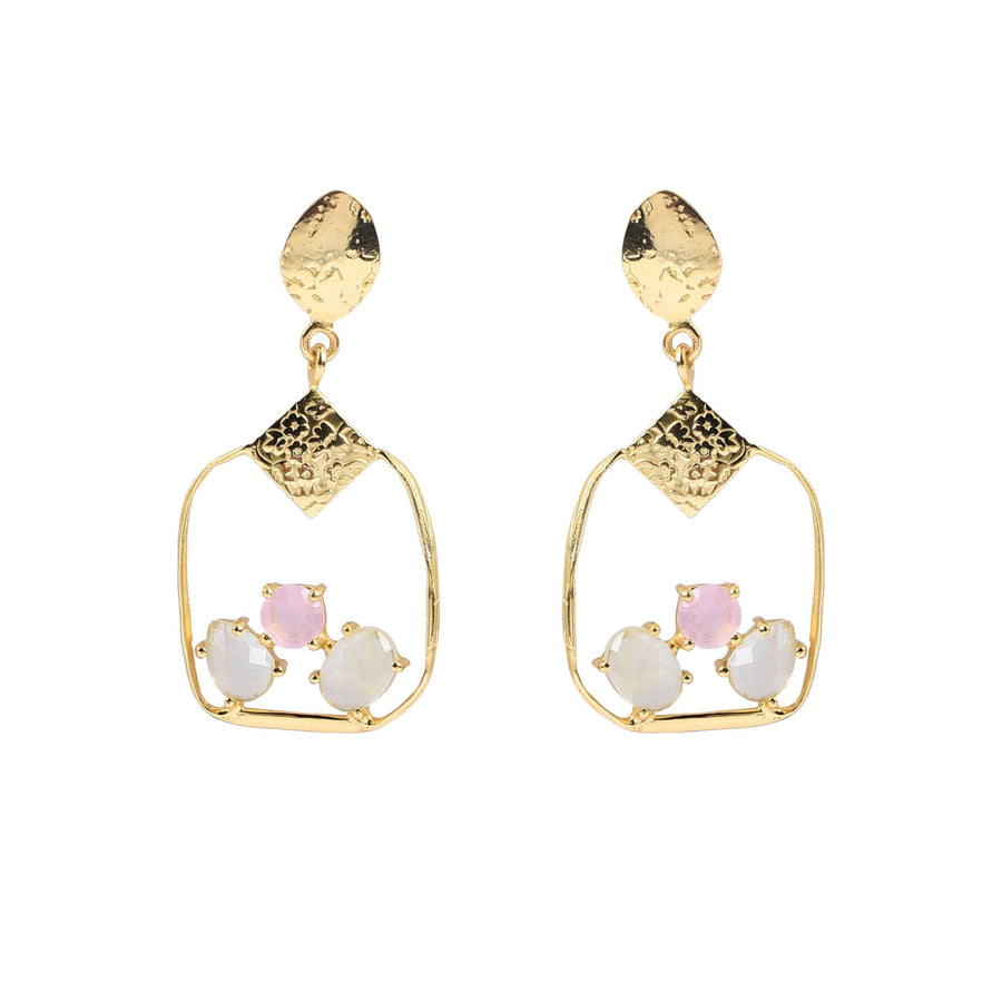 The Collective Dublin - Home to Irish Design - Watermelon Tropical  : Rose Chalcedony Rainbow Moonstone Square Gold Earrings