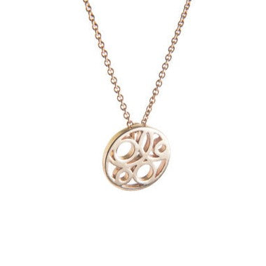 A simple gold necklace featuring a Flow Pendant Small 9ct Yellow Gold by Miriam Wade with an abstract, openwork design. The pendant hangs from a delicate gold chain and is secured with a handmade T-bar catch.