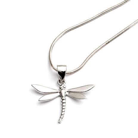 Introducing the Wildlife Pendant - Small Dragonfly With Chain by Gallardo & Blaine Designs: a stunning sterling silver necklace featuring a dragonfly pendant with intricately detailed wings and body, hanging from a thin, smooth chain. Displayed against a plain white background, this piece captures the delicate beauty of nature.