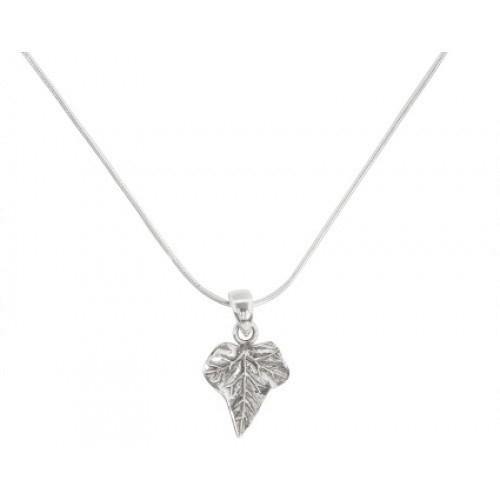 A silver necklace from Gallardo & Blaine Designs' Wildlife Collection features a delicate chain with a Wildlife Pendant - Ivy Leaf With Chain shaped like a detailed leaf. The leaf has textured veins, giving it a realistic appearance, and hangs gracefully from the center of the fine chain. The background is plain white. This exquisite piece of jewellery for women effortlessly captures the beauty of nature.