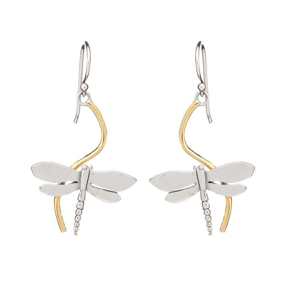 A pair of Gallardo & Blaine Designs Wildlife Juniper Earrings designed to resemble dragonflies. Each earring has a silver dragonfly with detailed wings and a beaded body, suspended from a curved, slightly twisted gold wire that forms the body of the dragonfly. Part of our exclusive Wildlife Collection, the hooks are silver.