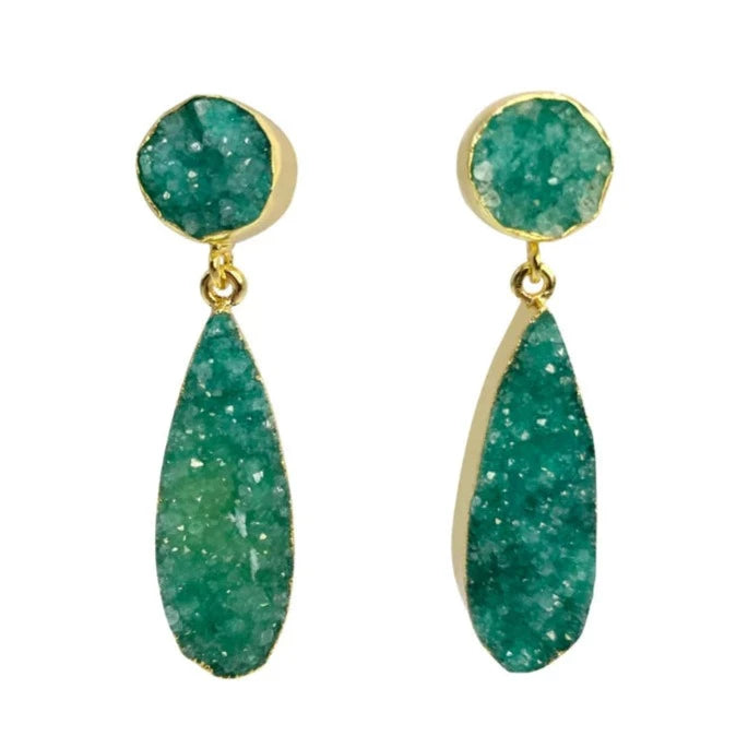 A pair of Isle Earrings by Aria V featuring green Agate Druze stones, handmade in Ireland. The top part of each earring is small and circular, while the dangling section is larger and teardrop-shaped.