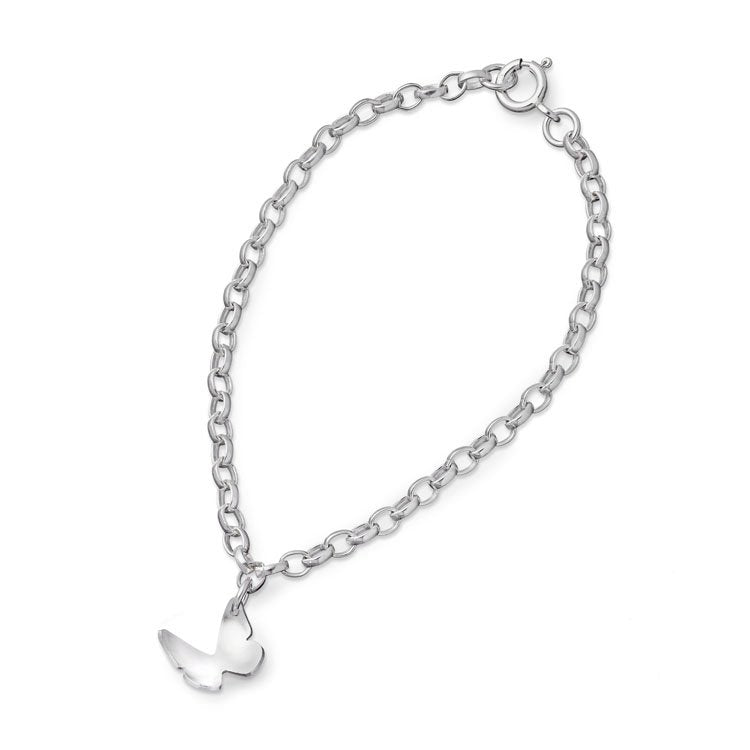A Leoma Drew Small Silver Butterfly Bracelet featuring a delicate butterfly charm and a satin finish. The clasp is a round spring ring, positioned at the top. The sterling silver butterfly pendant hangs prominently from the bracelet, adding a delicate touch to this simple yet elegant accessory.