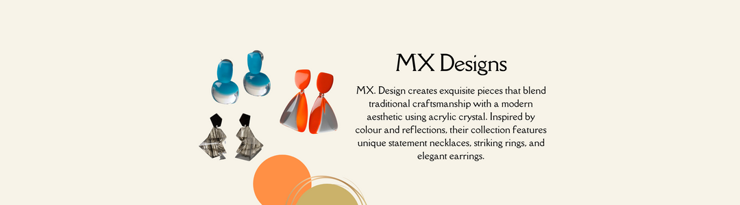 A promotional banner for MX Designs showcasing statement necklaces, striking rings, and elegant earrings. The jewelry pieces are displayed on the left, featuring a mix of colors and materials, with a brief description on the right.