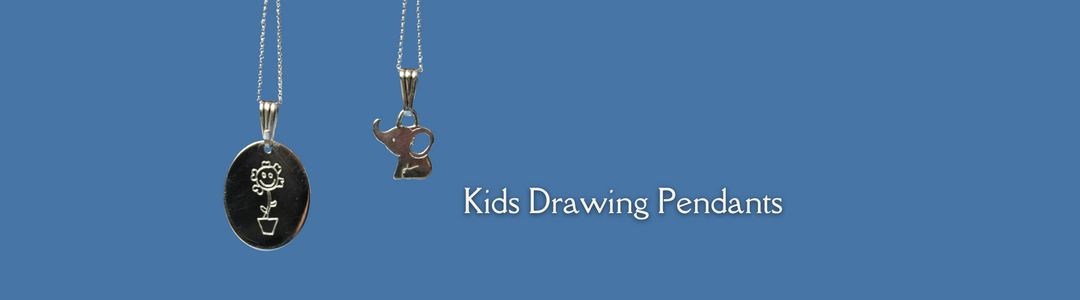 Two silver pendants hang on chains against a blue background; one is oval-shaped with a child’s drawing of a flower, the other is an abstract shape. Text reads “Kids Drawing Pendants.”.