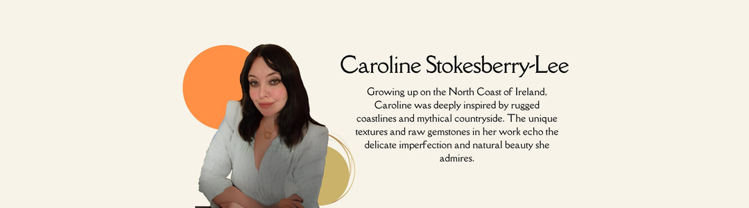 A woman with long dark hair is smiling and posing with her arms crossed. Beside her is text about Caroline Stokesberry-Lee, describing her inspiration from the North Coast of Ireland and her work's connection to natural beauty and rugged textures.