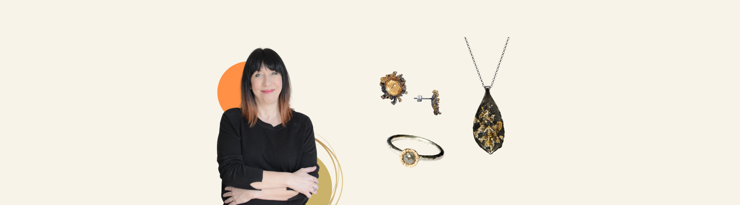 Image of a person with shoulder-length dark hair, wearing a black long-sleeved top, standing with arms crossed against a light background. The text reads: "Abbie Dixon, a self-taught jewellery designer, inspired by her love of plants and natural forms.