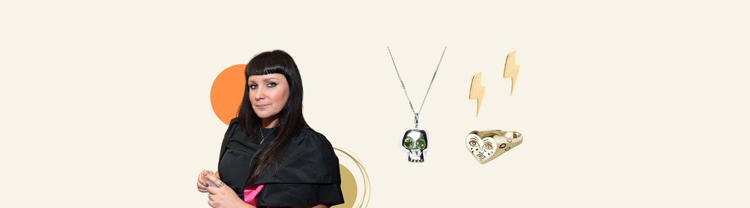 A person with long, dark hair and fringe is standing against a light background. They are wearing a black outfit and holding a small object. The text reads about "Cosmic Boulevard" and describes the creation of handcrafted jewelry.