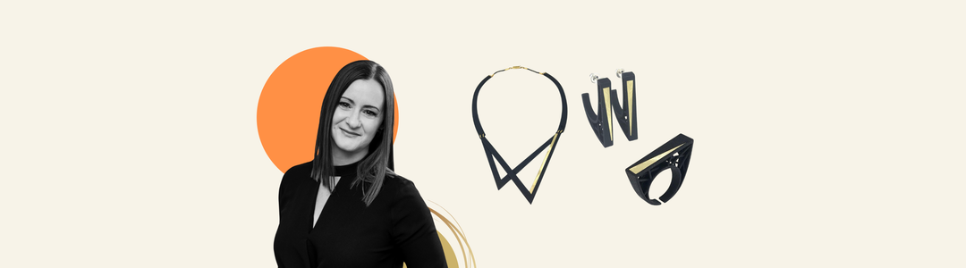 A banner featuring a woman with long hair and a black top beside the text "Elsiem Jewellery" with a description of the brand. The background has a light color with an abstract orange shape.