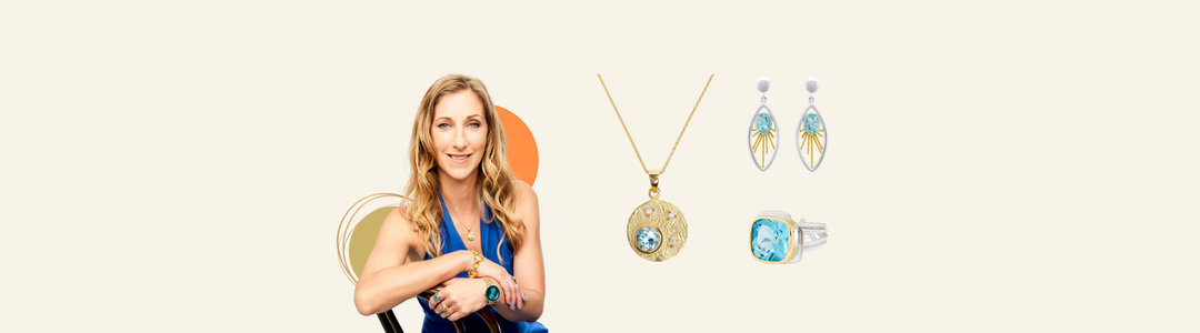 A smiling woman with wavy blonde hair sits holding jewelry, with a circular decorative design behind her. Next to her is text about Gallardo & Blaine Designs, highlighting their collection with gemstones, silver, and 18ct gold vermeil.