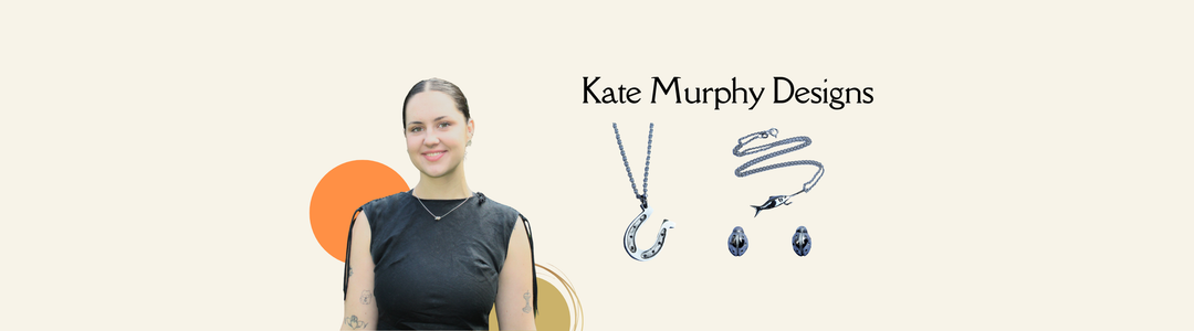 A woman in a black top stands next to the text "Kate Murphy Designs" with images of a necklace, earrings, and a bracelet displayed on a light background.