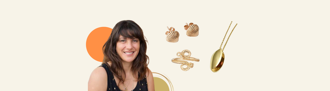 A woman with shoulder-length brown hair and a black tank top smiles at the camera. Text beside her reads: "Jennifer Kinnear. Her jewelry reflects her travels and love of water, featuring a unique blend of artistic treasures from the sea and land.