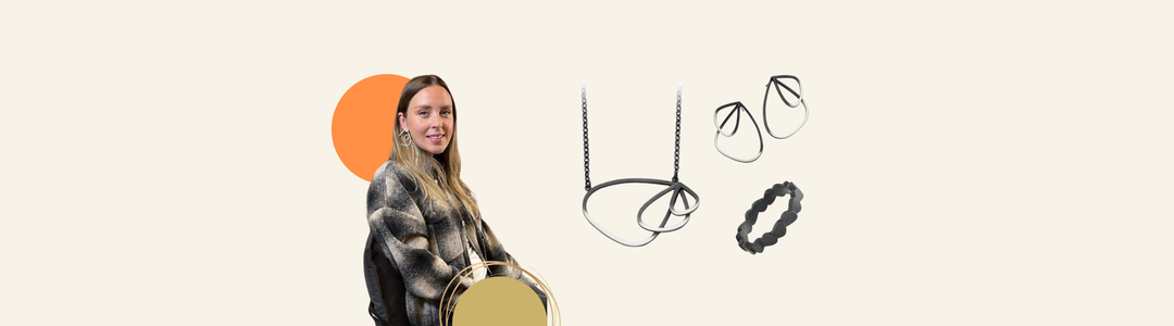A woman in a plaid coat sits with a round gold purse. Beside her are modern jewelry pieces, including necklaces, rings, and earrings, displayed on a light beige background with an orange circle.