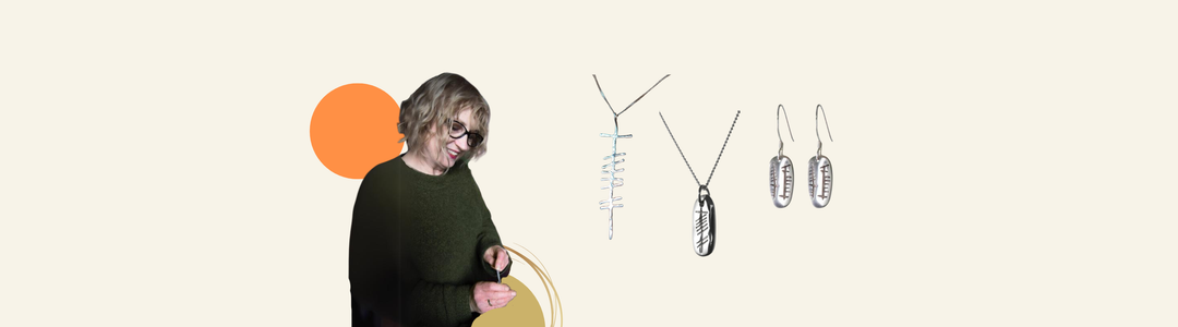 A smiling woman in glasses stands on the left, with jewelry pieces including necklaces and earrings displayed next to her on a light background with orange and yellow shapes.